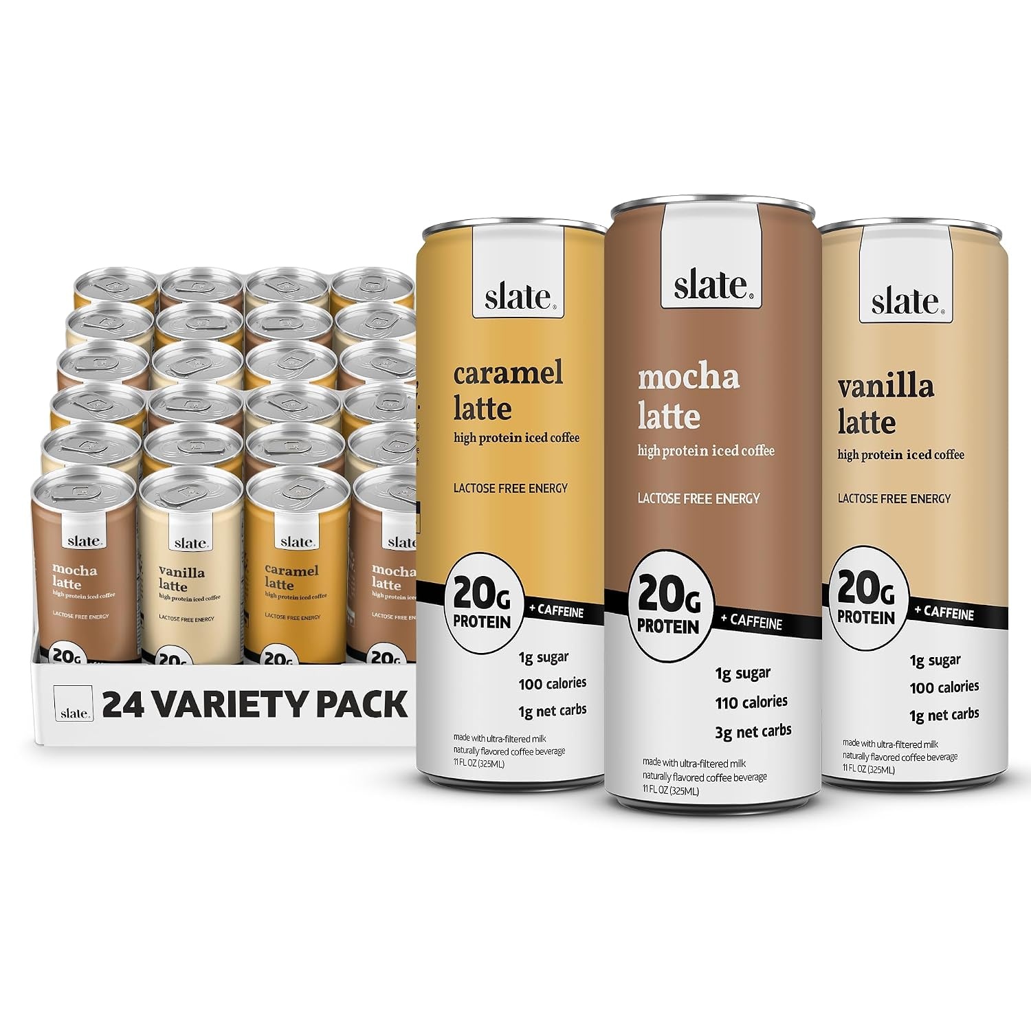 image:imageSlate Milk High Protein Milk Shakes Neapolitan Variety Pack Classic Chocolate Classic Strawberry French Vanilla Lactose Free 20g Protein1g Sugar100 Calories12g Net Carbs 11 fl oz12 CansEnergy Variety Pack