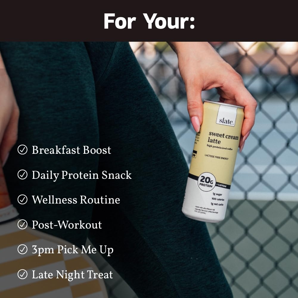 image:imageSlate Milk High Protein Milk Shakes Neapolitan Variety Pack Classic Chocolate Classic Strawberry French Vanilla Lactose Free 20g Protein1g Sugar100 Calories12g Net Carbs 11 fl oz12 CansSweet Cream Latte