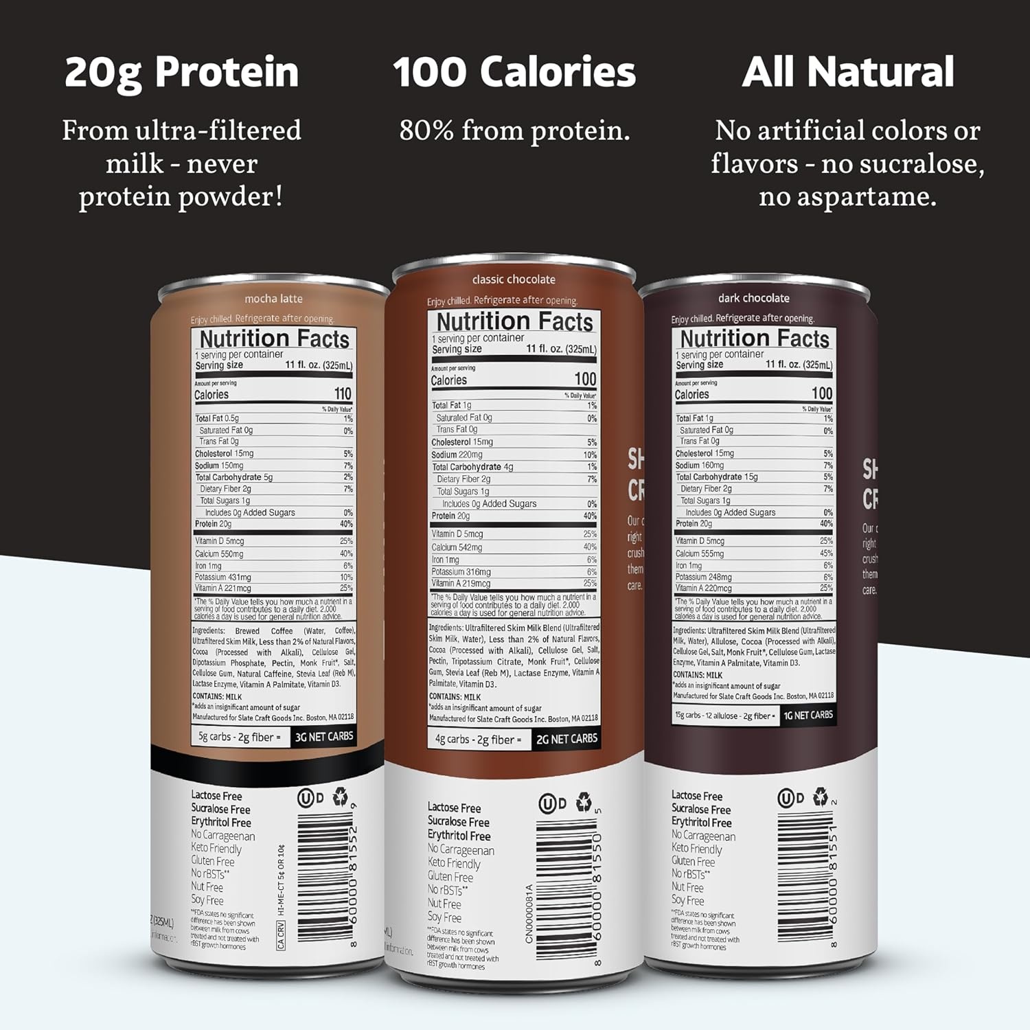 image:imageSlate Milk High Protein Milk Shakes Neapolitan Variety Pack Classic Chocolate Classic Strawberry French Vanilla Lactose Free 20g Protein1g Sugar100 Calories12g Net Carbs 11 fl oz12 CansChocolate Variety Pack
