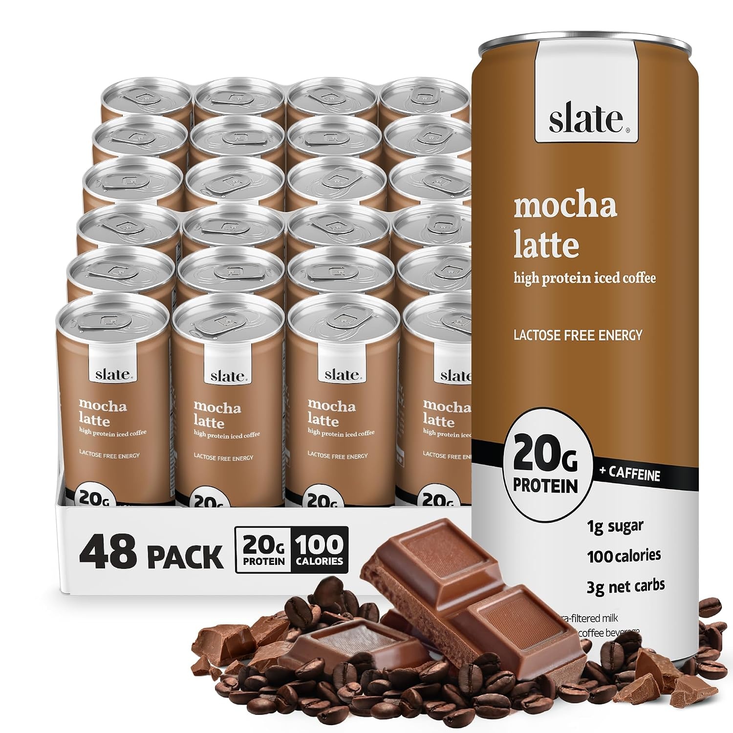 image:imageSlate Milk High Protein Milk Shakes Neapolitan Variety Pack Classic Chocolate Classic Strawberry French Vanilla Lactose Free 20g Protein1g Sugar100 Calories12g Net Carbs 11 fl oz12 CansMocha