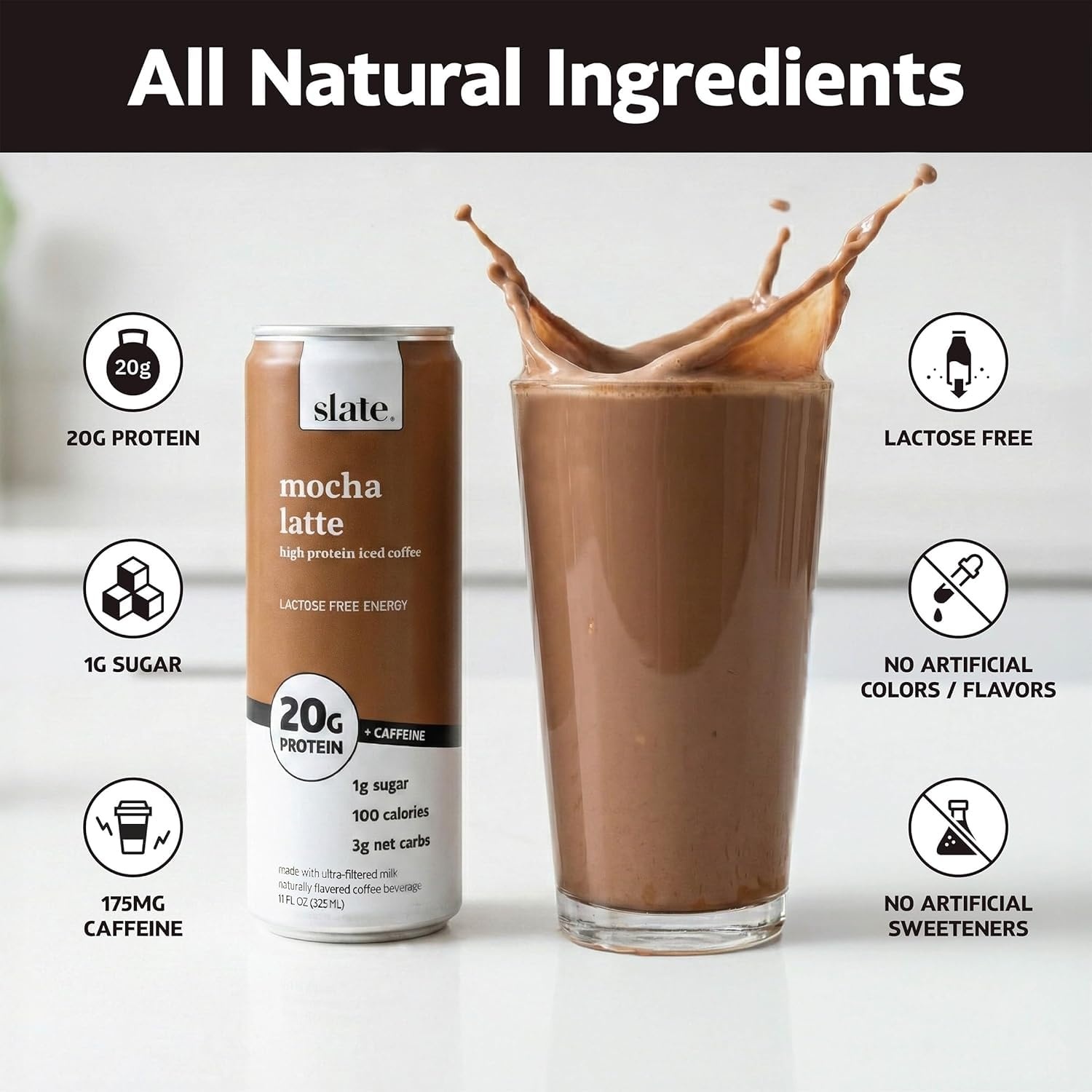 image:imageSlate Milk High Protein Milk Shakes Neapolitan Variety Pack Classic Chocolate Classic Strawberry French Vanilla Lactose Free 20g Protein1g Sugar100 Calories12g Net Carbs 11 fl oz12 CansEnergy Variety Pack