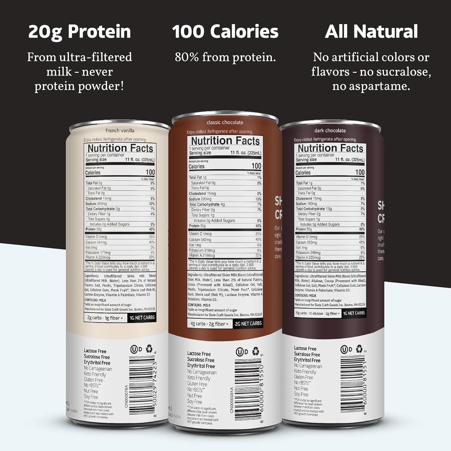image:imageSlate Milk High Protein Milk Shakes Neapolitan Variety Pack Classic Chocolate Classic Strawberry French Vanilla Lactose Free 20g Protein1g Sugar100 Calories12g Net Carbs 11 fl oz12 CansCore Variety Pack