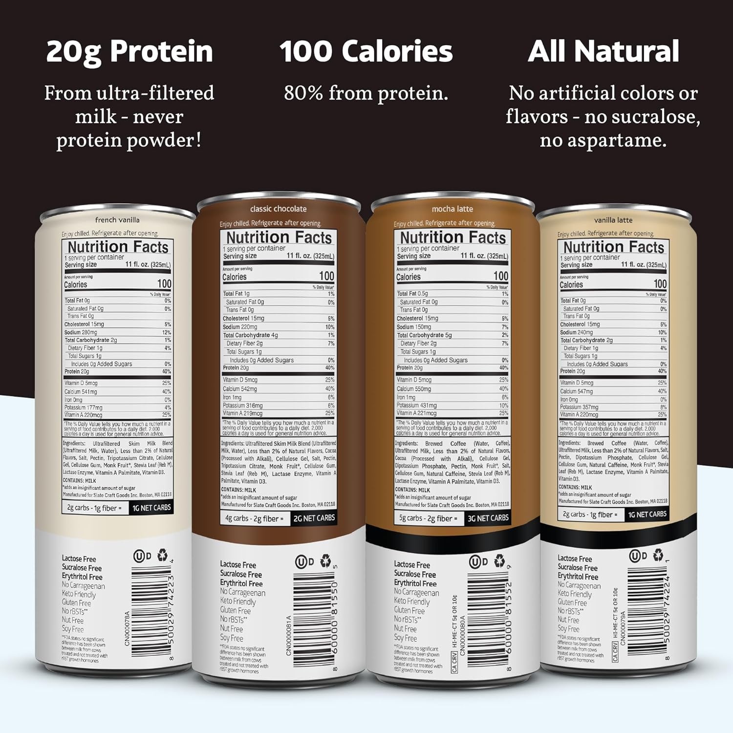 image:imageSlate Milk High Protein Milk Shakes Neapolitan Variety Pack Classic Chocolate Classic Strawberry French Vanilla Lactose Free 20g Protein1g Sugar100 Calories12g Net Carbs 11 fl oz12 CansBest Sellers Pack