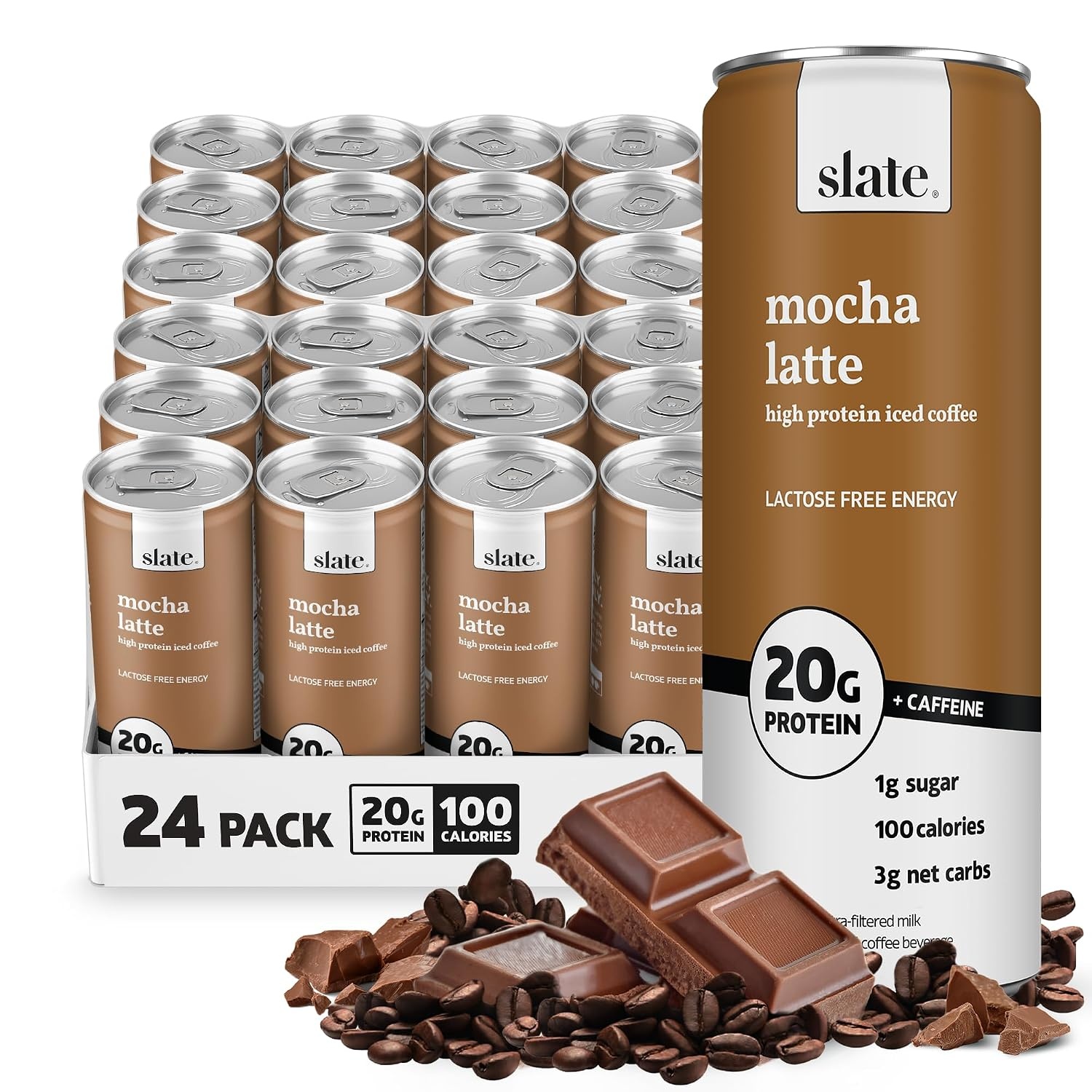 image:imageSlate Milk High Protein Milk Shakes Neapolitan Variety Pack Classic Chocolate Classic Strawberry French Vanilla Lactose Free 20g Protein1g Sugar100 Calories12g Net Carbs 11 fl oz12 CansMocha