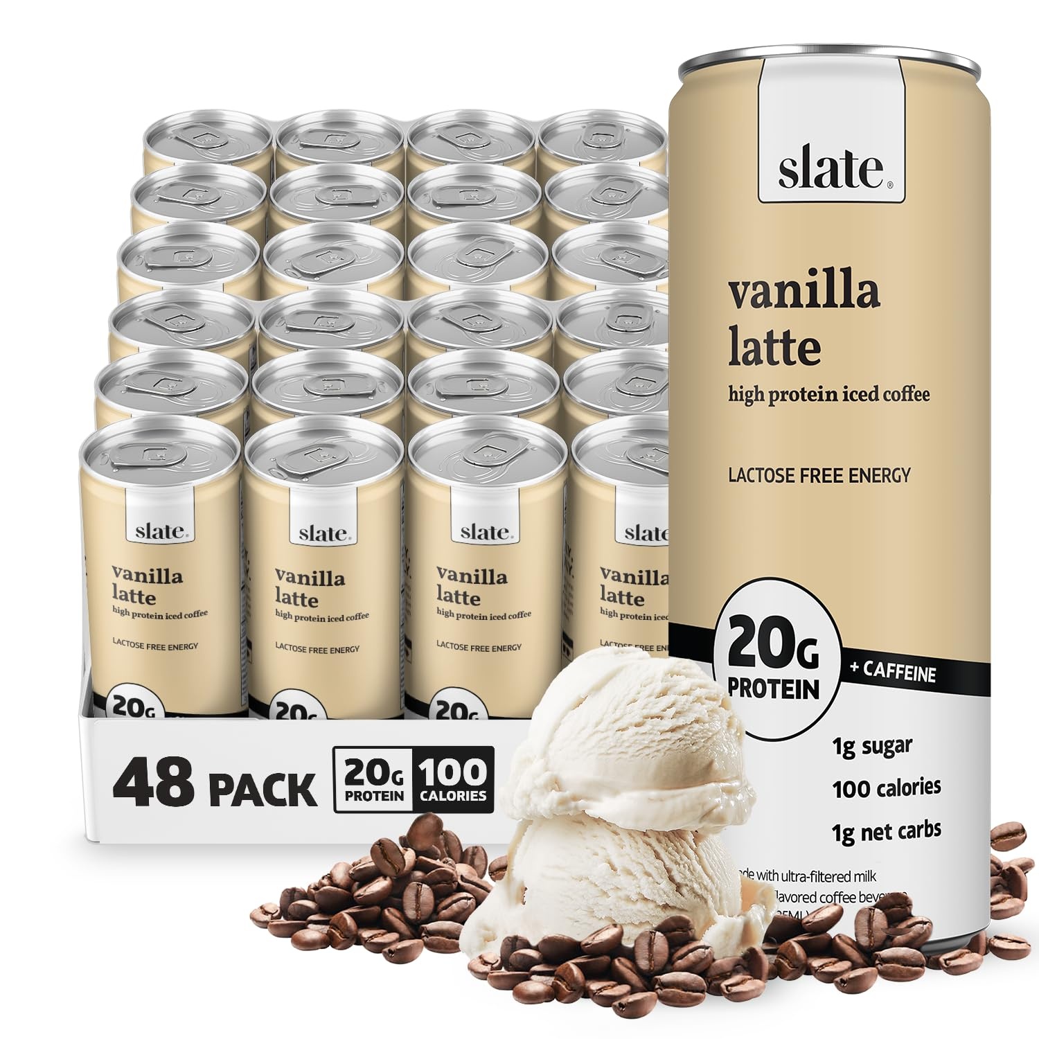 image:imageSlate Milk High Protein Milk Shakes Neapolitan Variety Pack Classic Chocolate Classic Strawberry French Vanilla Lactose Free 20g Protein1g Sugar100 Calories12g Net Carbs 11 fl oz12 CansVanilla Latte