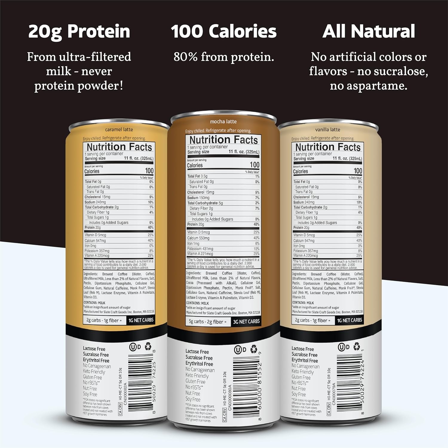 image:imageSlate Milk High Protein Milk Shakes Neapolitan Variety Pack Classic Chocolate Classic Strawberry French Vanilla Lactose Free 20g Protein1g Sugar100 Calories12g Net Carbs 11 fl oz12 CansEnergy Variety Pack