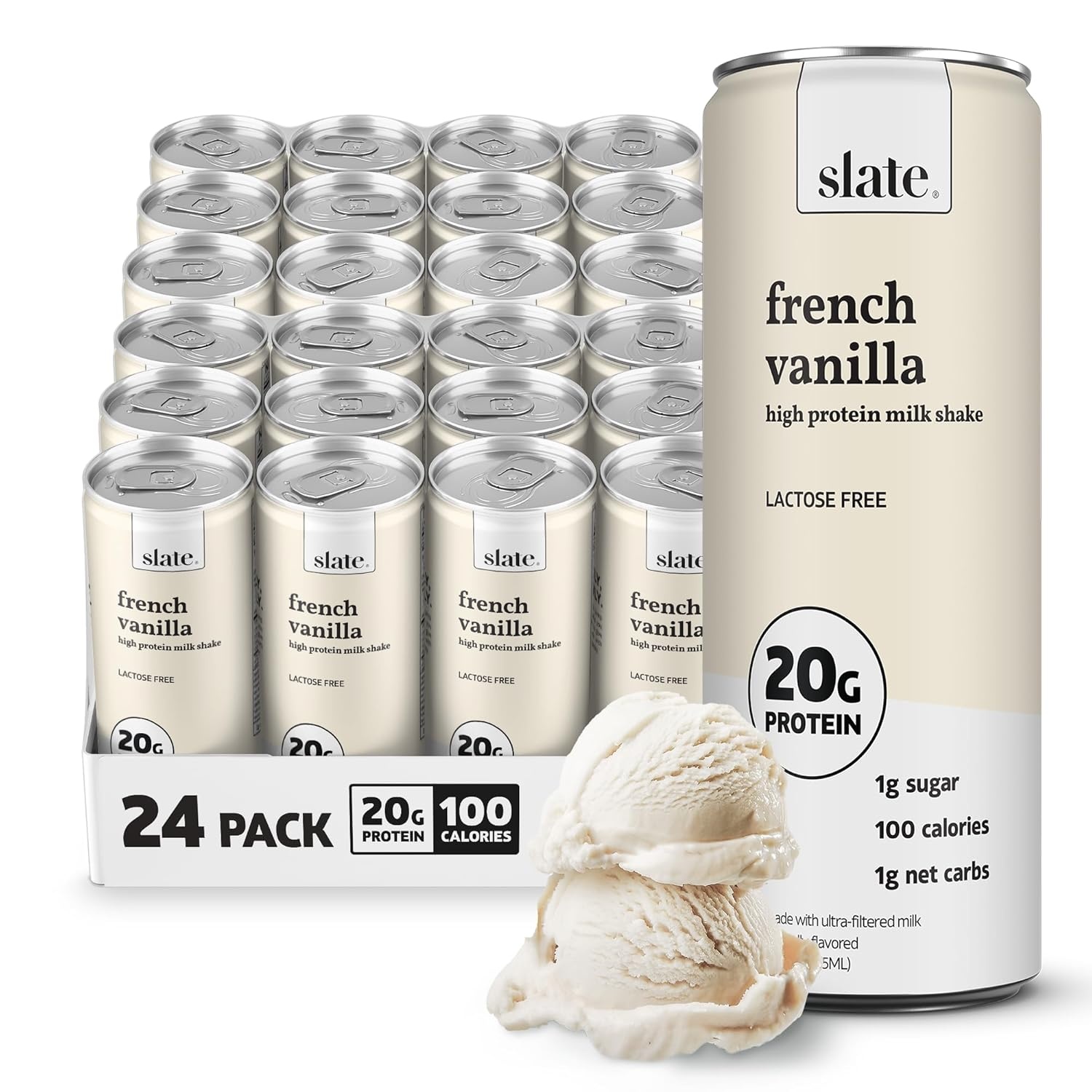 image:imageSlate Milk High Protein Milk Shakes Neapolitan Variety Pack Classic Chocolate Classic Strawberry French Vanilla Lactose Free 20g Protein1g Sugar100 Calories12g Net Carbs 11 fl oz12 CansFrench Vanilla