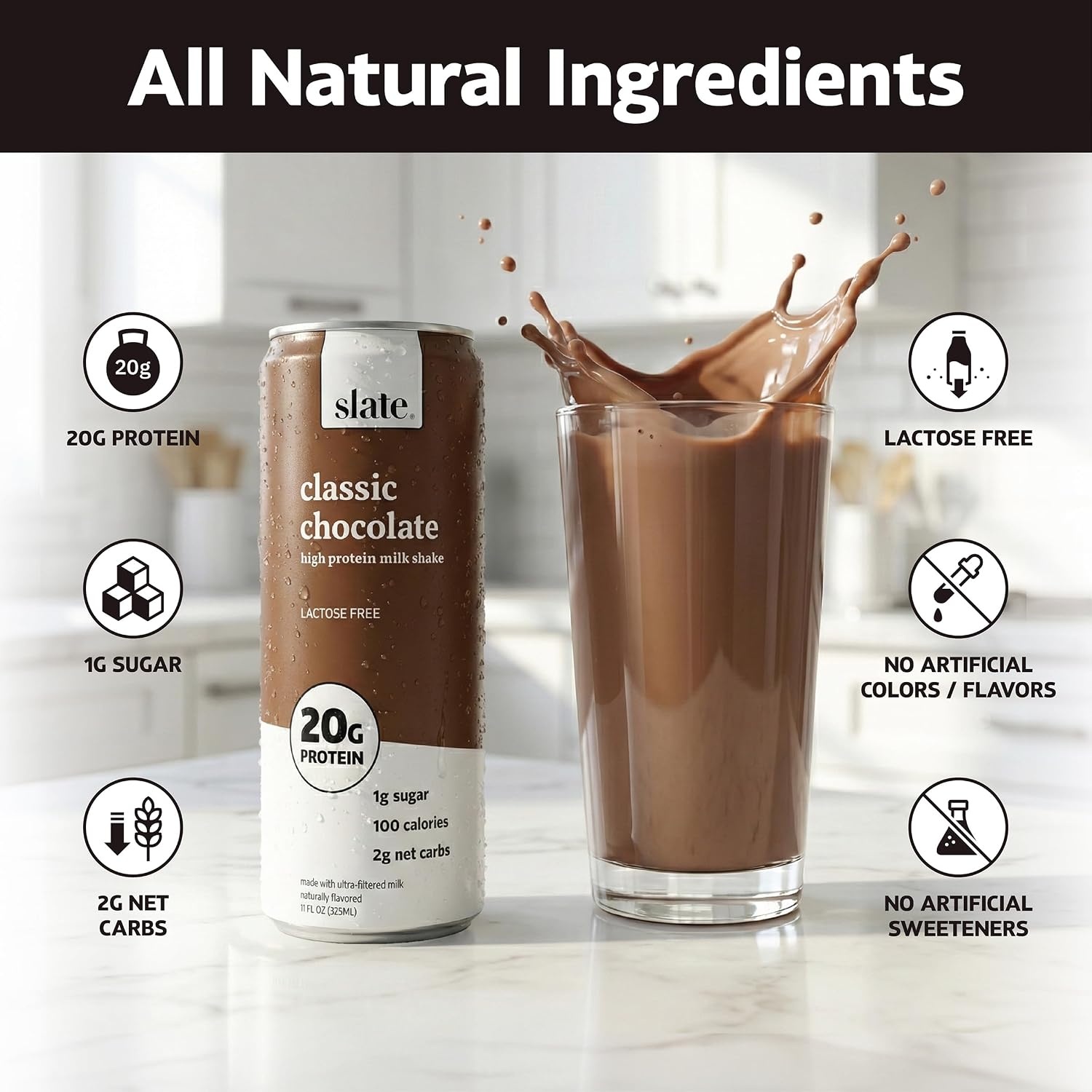 image:imageSlate Milk High Protein Milk Shakes Neapolitan Variety Pack Classic Chocolate Classic Strawberry French Vanilla Lactose Free 20g Protein1g Sugar100 Calories12g Net Carbs 11 fl oz12 CansCore Variety Pack