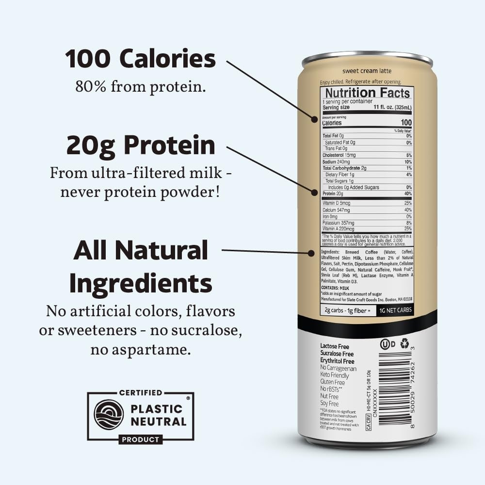 image:imageSlate Milk High Protein Milk Shakes Neapolitan Variety Pack Classic Chocolate Classic Strawberry French Vanilla Lactose Free 20g Protein1g Sugar100 Calories12g Net Carbs 11 fl oz12 CansSweet Cream Latte