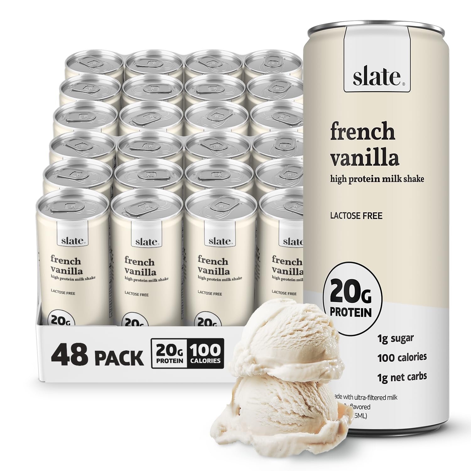 image:imageSlate Milk High Protein Milk Shakes Neapolitan Variety Pack Classic Chocolate Classic Strawberry French Vanilla Lactose Free 20g Protein1g Sugar100 Calories12g Net Carbs 11 fl oz12 CansFrench Vanilla