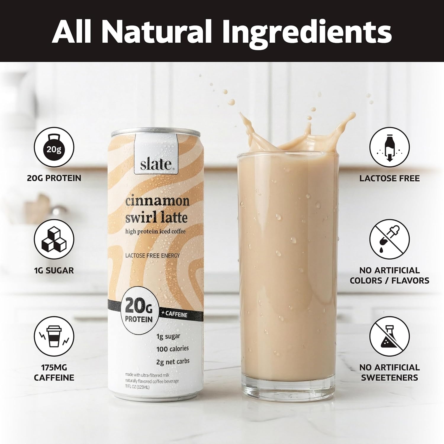 image:imageSlate Milk High Protein Milk Shakes Neapolitan Variety Pack Classic Chocolate Classic Strawberry French Vanilla Lactose Free 20g Protein1g Sugar100 Calories12g Net Carbs 11 fl oz12 CansCinnamon Swirl Latte