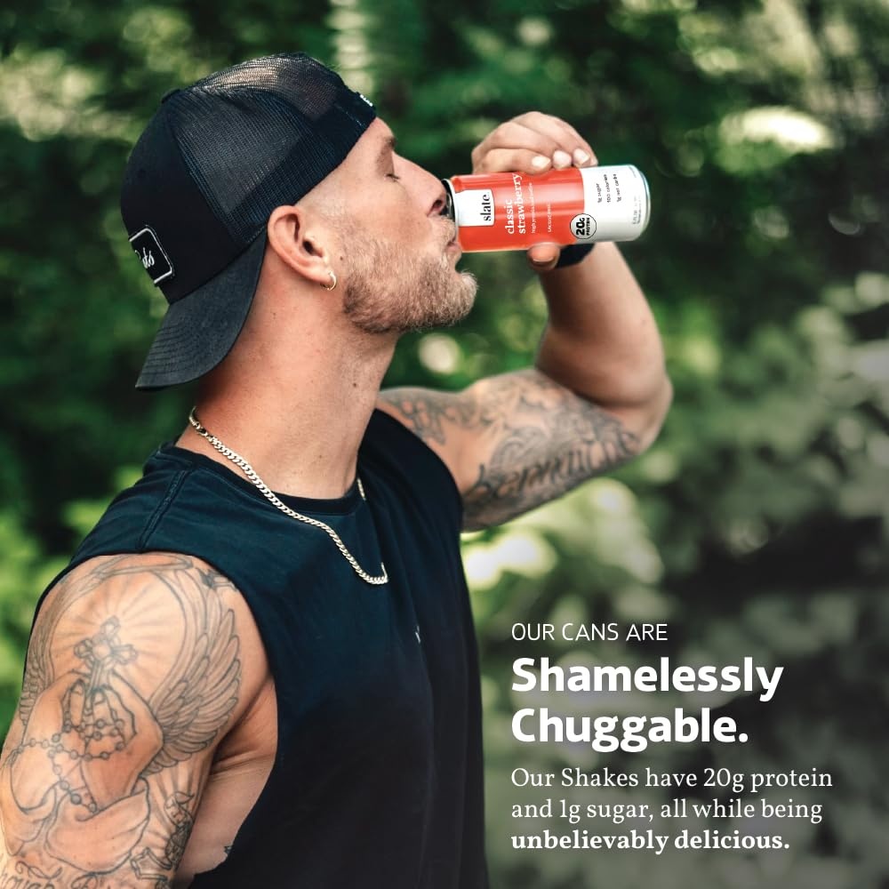 image:imageSlate Milk High Protein Milk Shakes Neapolitan Variety Pack Classic Chocolate Classic Strawberry French Vanilla Lactose Free 20g Protein1g Sugar100 Calories12g Net Carbs 11 fl oz12 CansStrawberry
