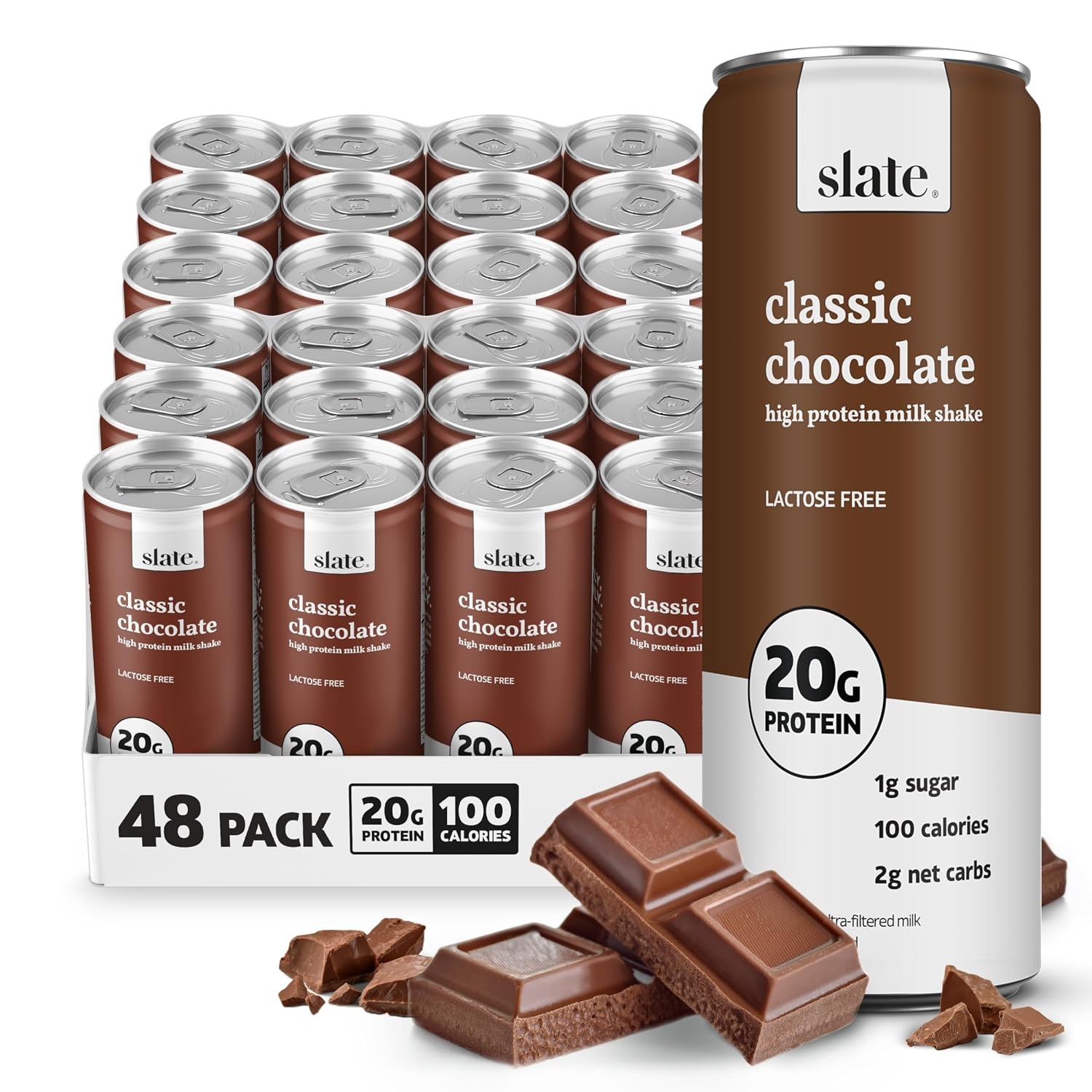 image:imageSlate Milk High Protein Milk Shakes Neapolitan Variety Pack Classic Chocolate Classic Strawberry French Vanilla Lactose Free 20g Protein1g Sugar100 Calories12g Net Carbs 11 fl oz12 CansChocolate