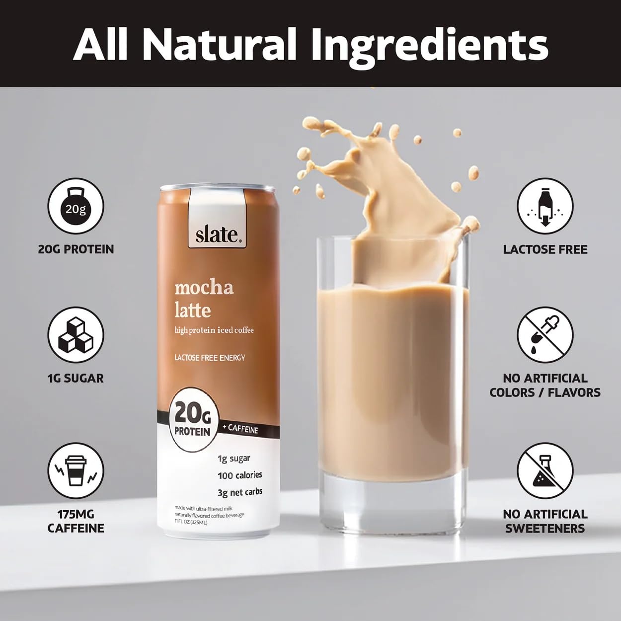 image:imageSlate Milk High Protein Milk Shakes Neapolitan Variety Pack Classic Chocolate Classic Strawberry French Vanilla Lactose Free 20g Protein1g Sugar100 Calories12g Net Carbs 11 fl oz12 CansMocha