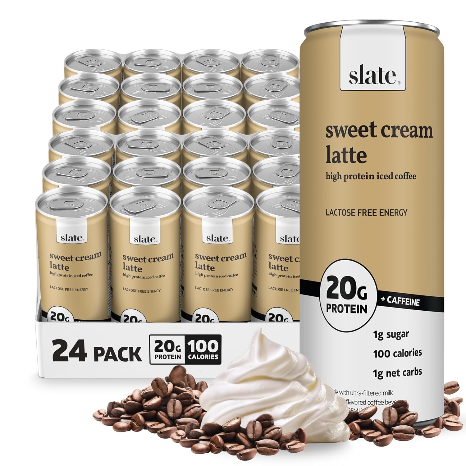 image:imageSlate Milk High Protein Milk Shakes Neapolitan Variety Pack Classic Chocolate Classic Strawberry French Vanilla Lactose Free 20g Protein1g Sugar100 Calories12g Net Carbs 11 fl oz12 CansSweet Cream Latte