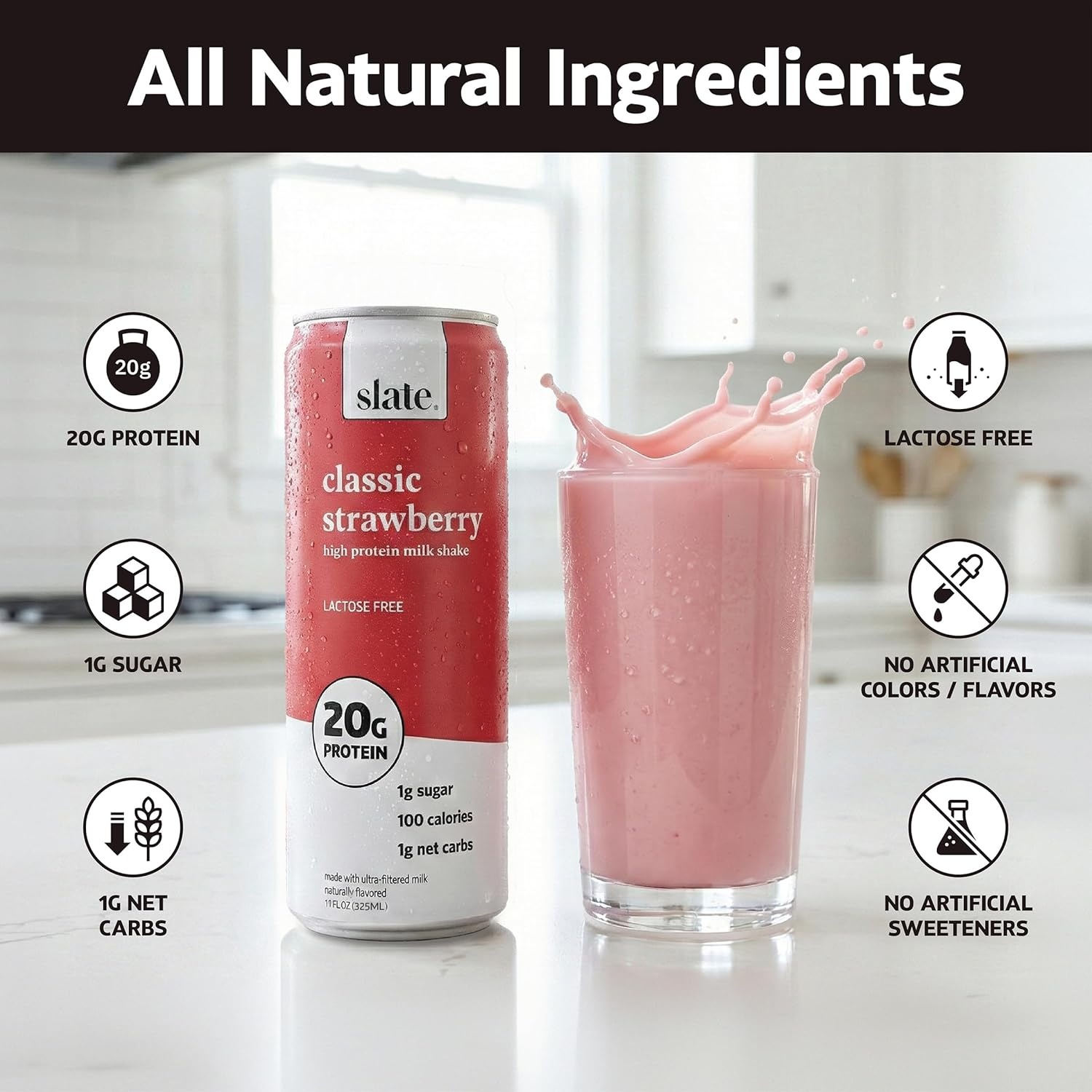 image:imageSlate Milk High Protein Milk Shakes Neapolitan Variety Pack Classic Chocolate Classic Strawberry French Vanilla Lactose Free 20g Protein1g Sugar100 Calories12g Net Carbs 11 fl oz12 CansStrawberry
