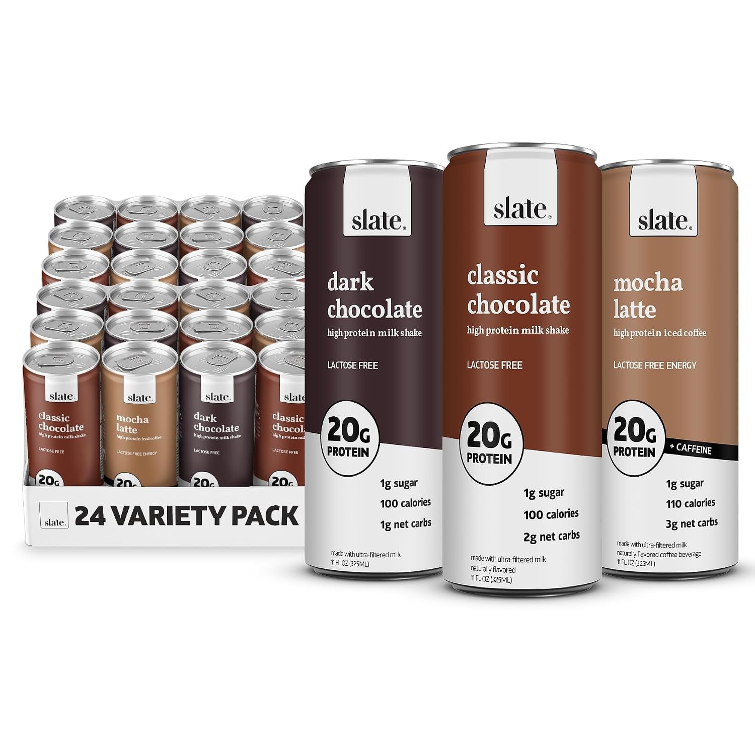 image:imageSlate Milk High Protein Milk Shakes Neapolitan Variety Pack Classic Chocolate Classic Strawberry French Vanilla Lactose Free 20g Protein1g Sugar100 Calories12g Net Carbs 11 fl oz12 CansChocolate Variety Pack