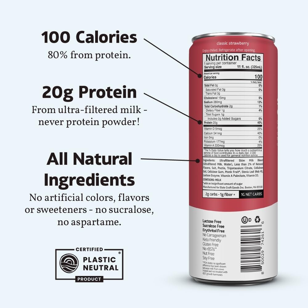 image:imageSlate Milk High Protein Milk Shakes Neapolitan Variety Pack Classic Chocolate Classic Strawberry French Vanilla Lactose Free 20g Protein1g Sugar100 Calories12g Net Carbs 11 fl oz12 CansStrawberry