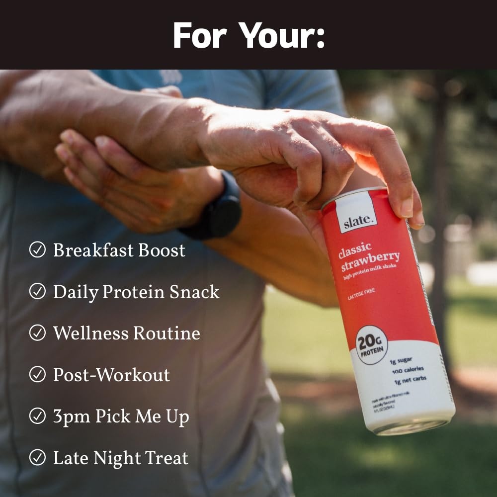 image:imageSlate Milk High Protein Milk Shakes Neapolitan Variety Pack Classic Chocolate Classic Strawberry French Vanilla Lactose Free 20g Protein1g Sugar100 Calories12g Net Carbs 11 fl oz12 CansStrawberry