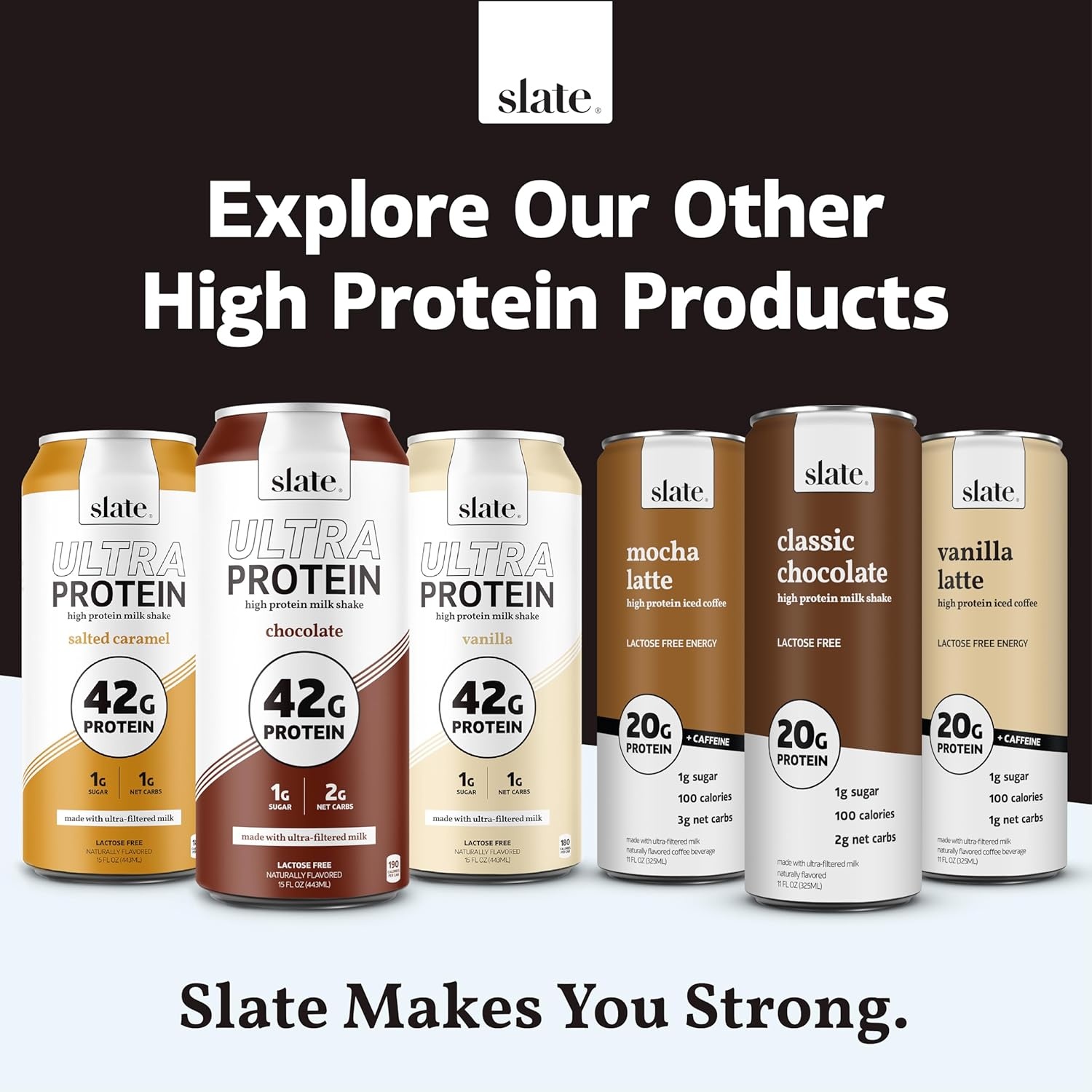 image:imageSlate Milk Ultra High Protein Milk Shake Neapolitan Pack Chocolate Vanilla amp Strawberry 30g Protein 1g Sugar 130 Calories 12g Net Carbs No Added Sugar Lactose Free 11 fl oz 12 CansChocolate Energy Pack