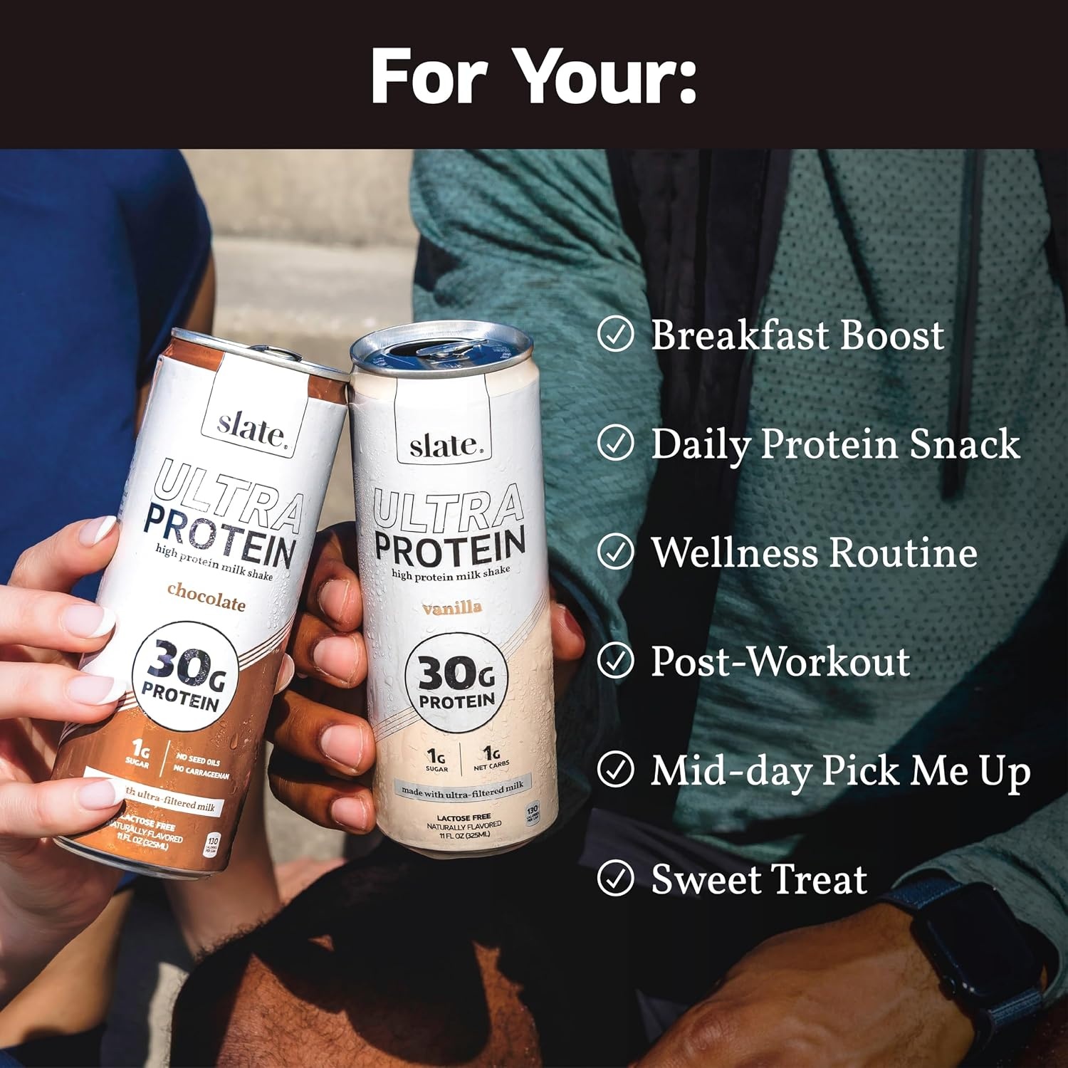 image:imageSlate Milk Ultra High Protein Milk Shake Neapolitan Pack Chocolate Vanilla amp Strawberry 30g Protein 1g Sugar 130 Calories 12g Net Carbs No Added Sugar Lactose Free 11 fl oz 12 CansBest Sellers Pack