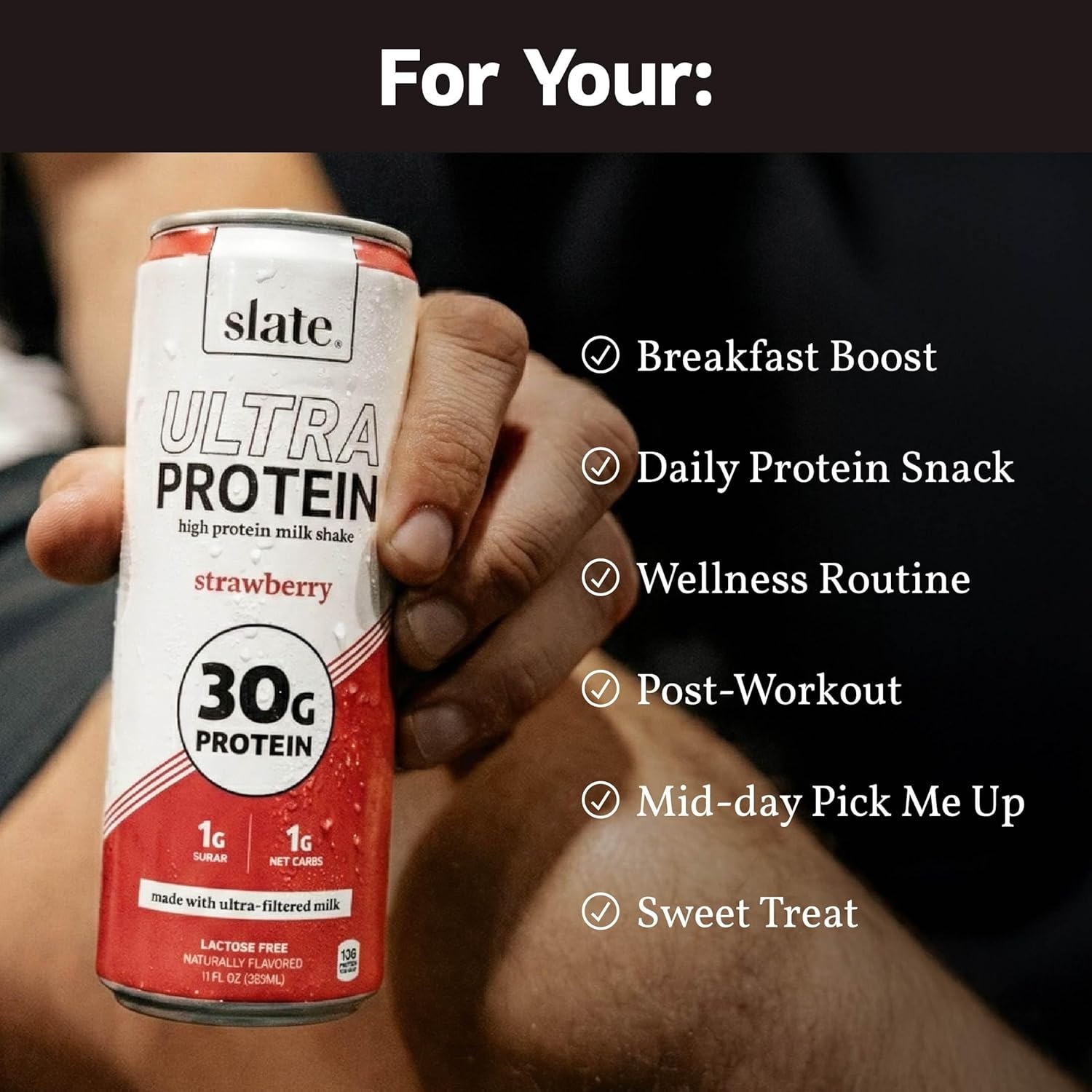 image:imageSlate Milk Ultra High Protein Milk Shake Neapolitan Pack Chocolate Vanilla amp Strawberry 30g Protein 1g Sugar 130 Calories 12g Net Carbs No Added Sugar Lactose Free 11 fl oz 12 CansNeapolitan Pack