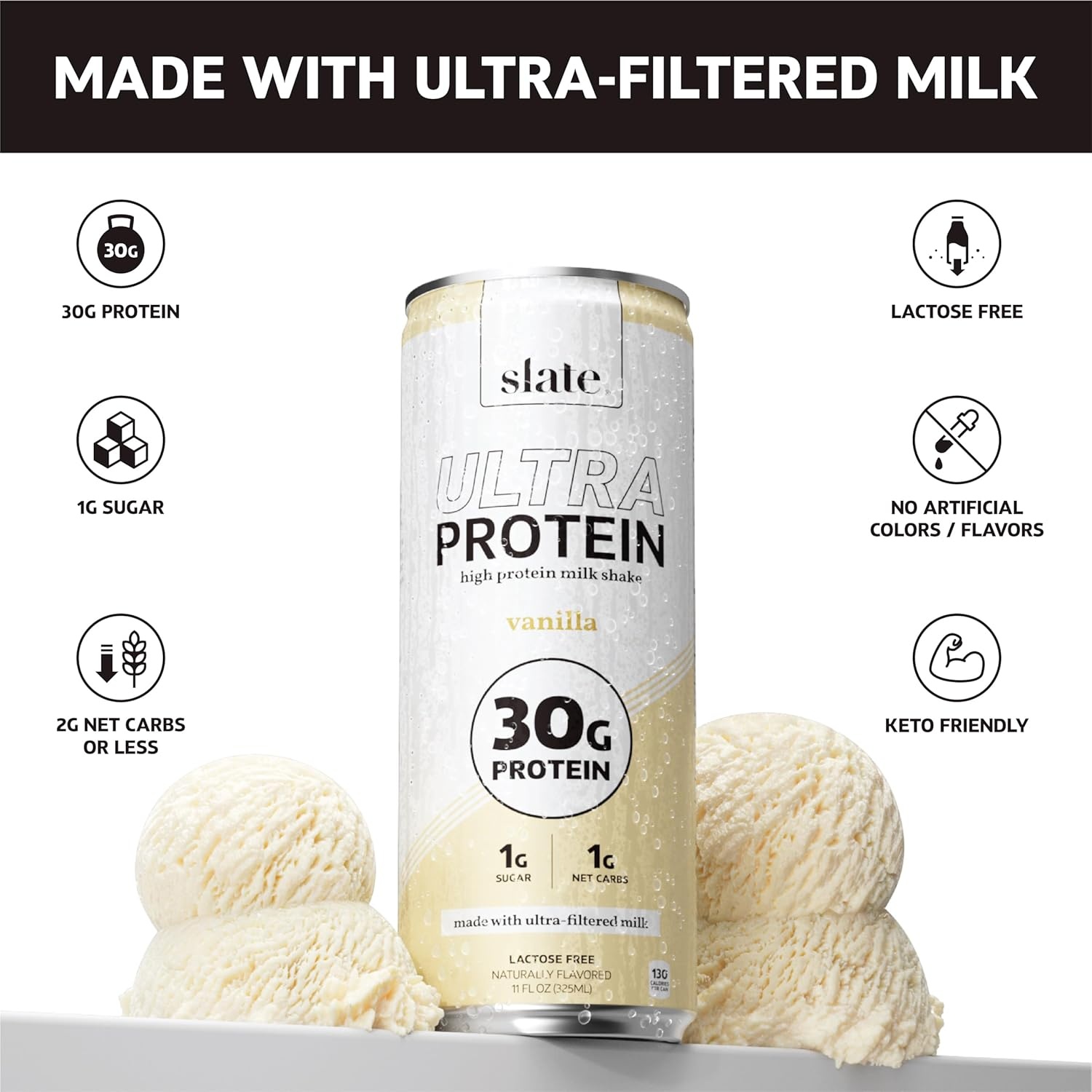 image:imageSlate Milk Ultra High Protein Milk Shake Neapolitan Pack Chocolate Vanilla amp Strawberry 30g Protein 1g Sugar 130 Calories 12g Net Carbs No Added Sugar Lactose Free 11 fl oz 12 CansBest Sellers Pack