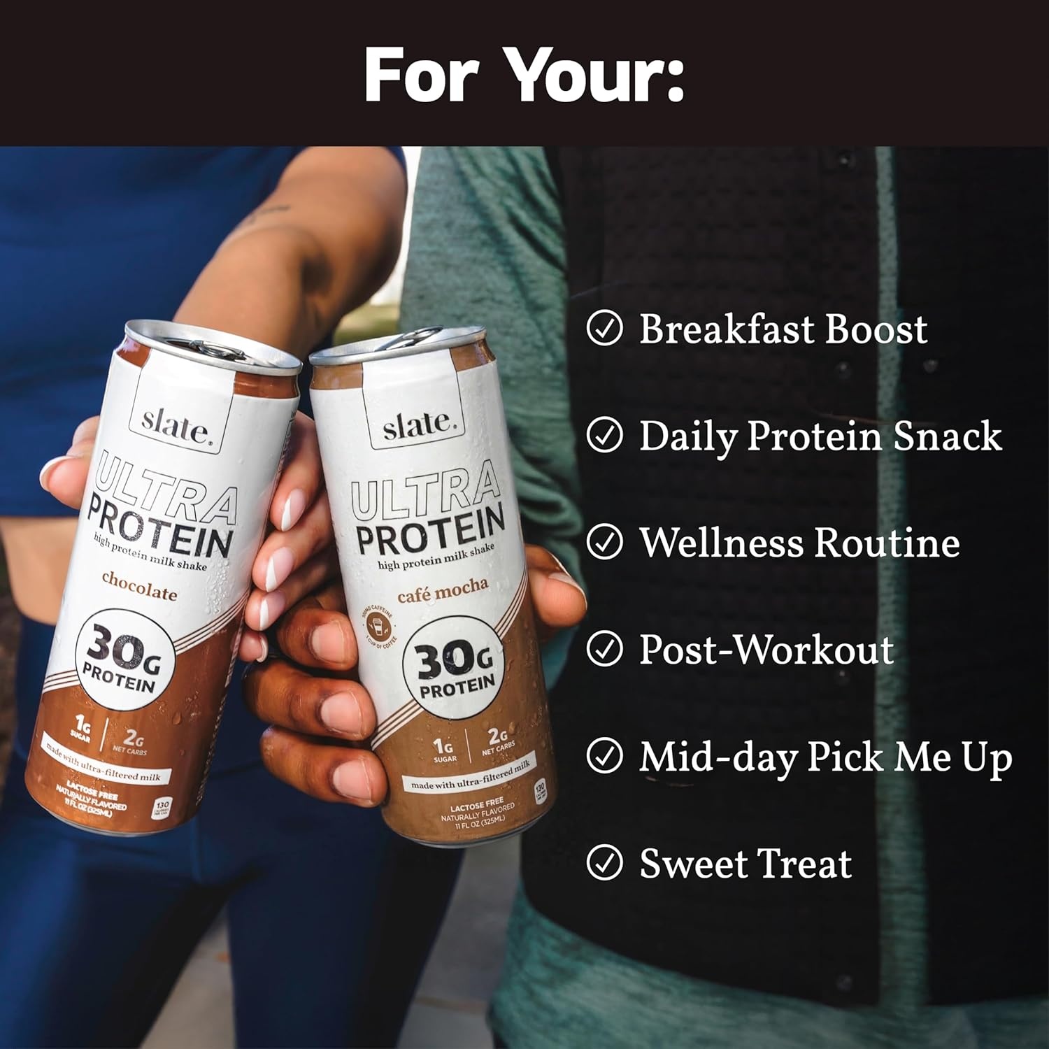 image:imageSlate Milk Ultra High Protein Milk Shake Neapolitan Pack Chocolate Vanilla amp Strawberry 30g Protein 1g Sugar 130 Calories 12g Net Carbs No Added Sugar Lactose Free 11 fl oz 12 CansChocolate Energy Pack