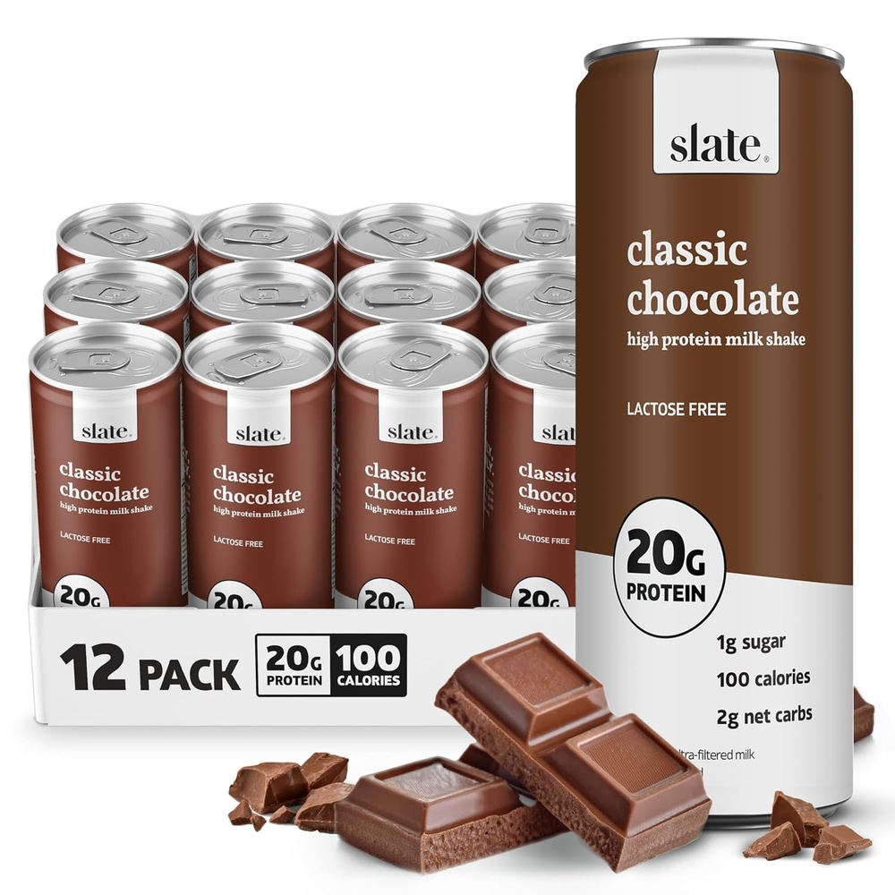 image:imageSlate Milk High Protein Milk Shakes Neapolitan Variety Pack Classic Chocolate Classic Strawberry French Vanilla Lactose Free 20g Protein1g Sugar100 Calories12g Net Carbs 11 fl oz12 CansChocolate