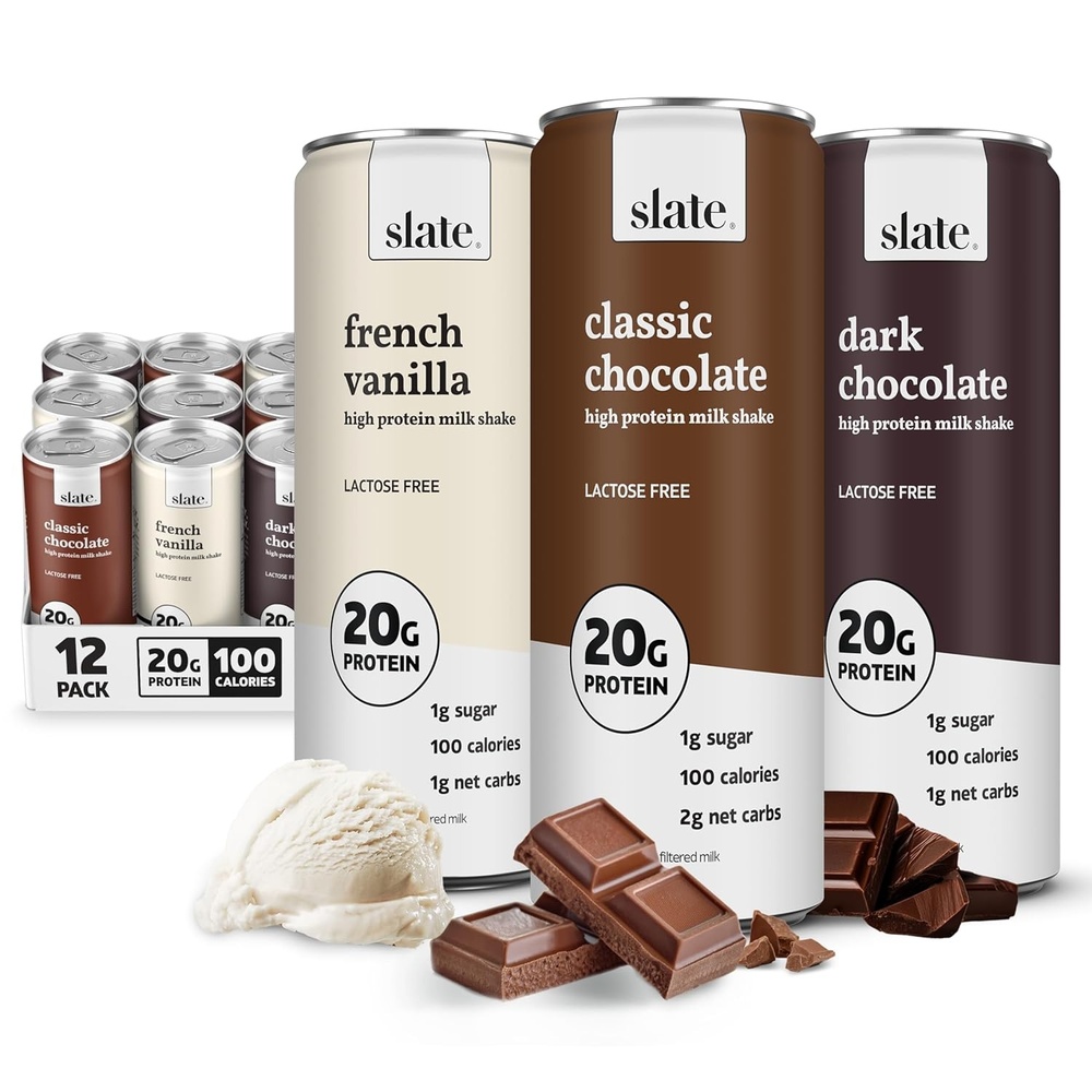 image:imageSlate Milk High Protein Milk Shakes Neapolitan Variety Pack Classic Chocolate Classic Strawberry French Vanilla Lactose Free 20g Protein1g Sugar100 Calories12g Net Carbs 11 fl oz12 CansCore Variety Pack