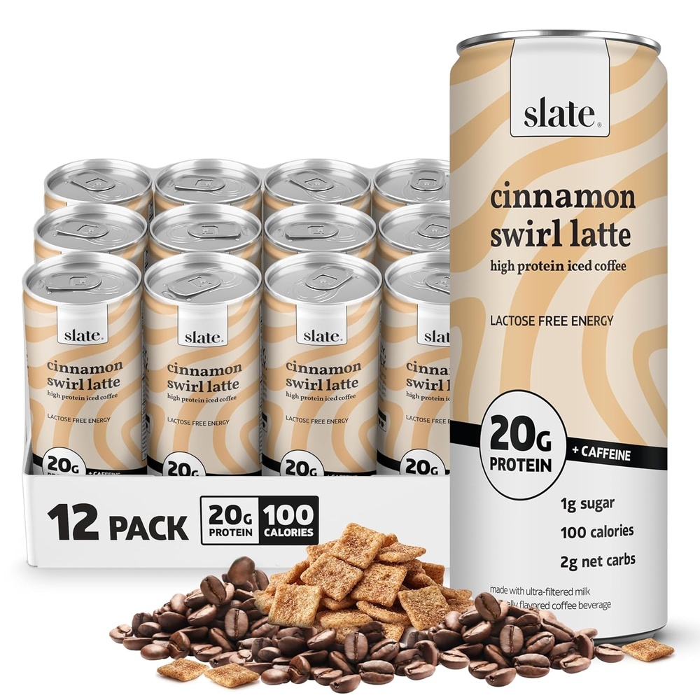 image:imageSlate Milk High Protein Milk Shakes Neapolitan Variety Pack Classic Chocolate Classic Strawberry French Vanilla Lactose Free 20g Protein1g Sugar100 Calories12g Net Carbs 11 fl oz12 CansCinnamon Swirl Latte