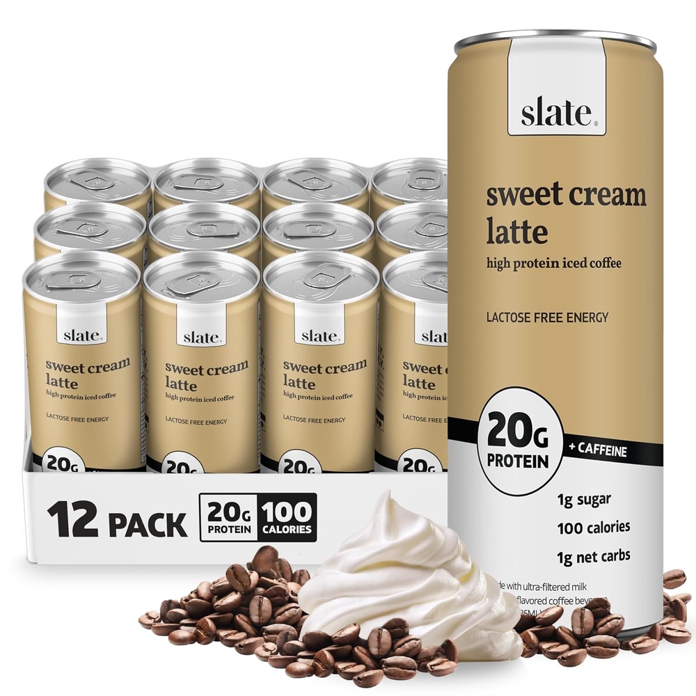 image:imageSlate Milk High Protein Milk Shakes Neapolitan Variety Pack Classic Chocolate Classic Strawberry French Vanilla Lactose Free 20g Protein1g Sugar100 Calories12g Net Carbs 11 fl oz12 CansSweet Cream Latte