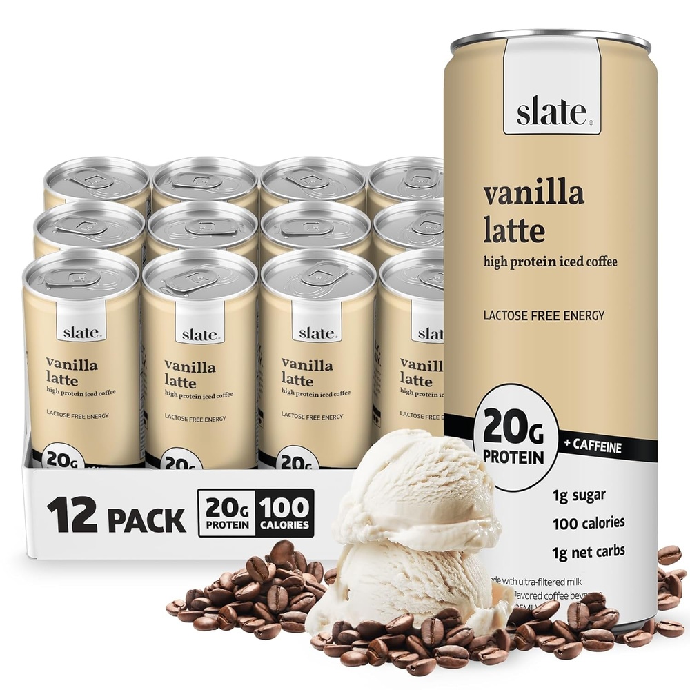 image:imageSlate Milk High Protein Milk Shakes Neapolitan Variety Pack Classic Chocolate Classic Strawberry French Vanilla Lactose Free 20g Protein1g Sugar100 Calories12g Net Carbs 11 fl oz12 CansVanilla Latte