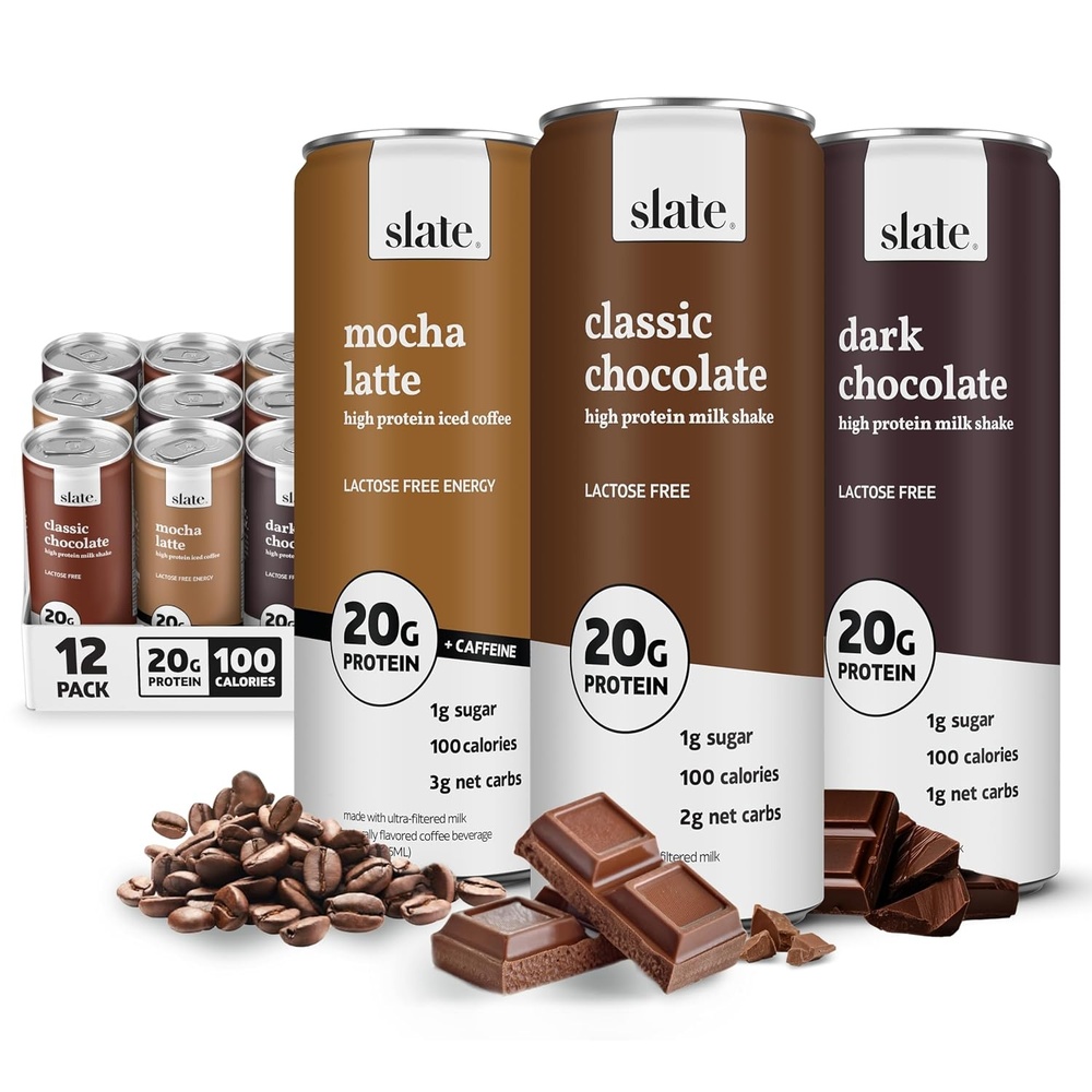 image:imageSlate Milk High Protein Milk Shakes Neapolitan Variety Pack Classic Chocolate Classic Strawberry French Vanilla Lactose Free 20g Protein1g Sugar100 Calories12g Net Carbs 11 fl oz12 CansChocolate Variety Pack