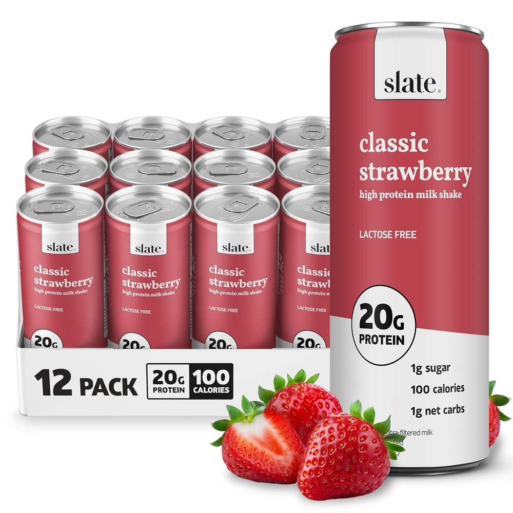 image:imageSlate Milk High Protein Milk Shakes Neapolitan Variety Pack Classic Chocolate Classic Strawberry French Vanilla Lactose Free 20g Protein1g Sugar100 Calories12g Net Carbs 11 fl oz12 CansStrawberry
