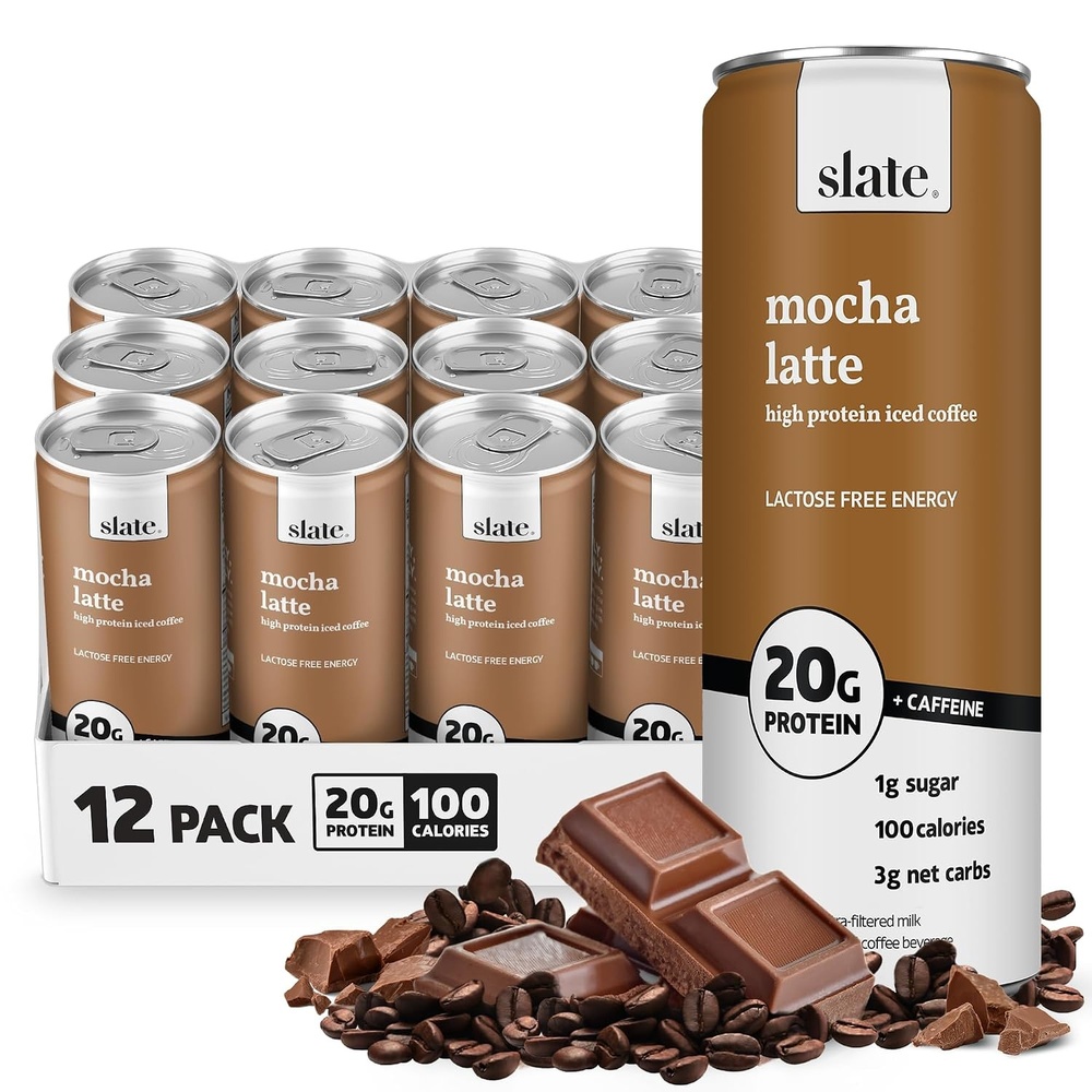 image:imageSlate Milk High Protein Milk Shakes Neapolitan Variety Pack Classic Chocolate Classic Strawberry French Vanilla Lactose Free 20g Protein1g Sugar100 Calories12g Net Carbs 11 fl oz12 CansMocha