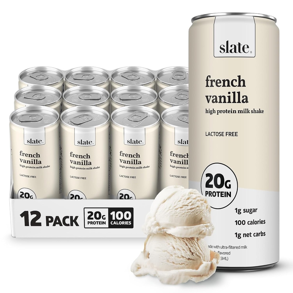 image:imageSlate Milk High Protein Milk Shakes Neapolitan Variety Pack Classic Chocolate Classic Strawberry French Vanilla Lactose Free 20g Protein1g Sugar100 Calories12g Net Carbs 11 fl oz12 CansFrench Vanilla