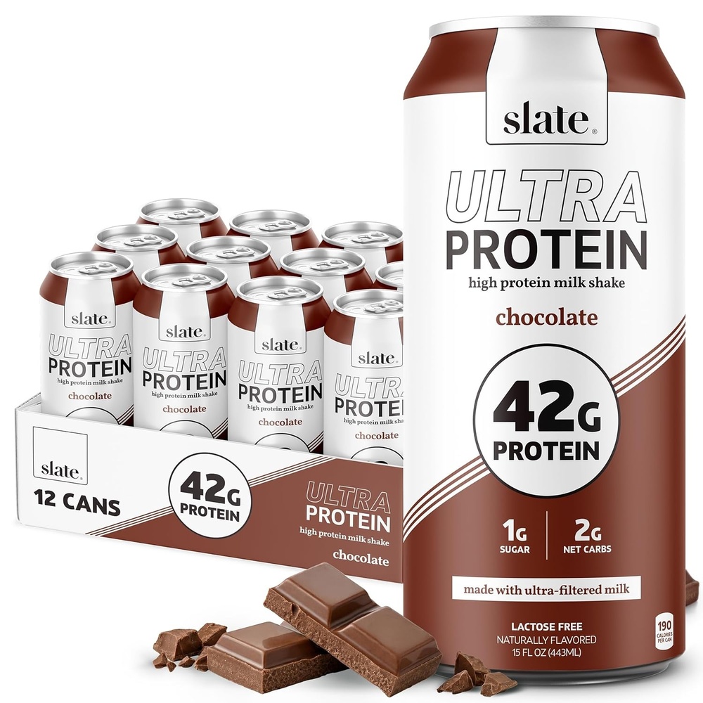 image:imageSlate Milk Ultra Protein Shake Chocolate 42g Protein 1g Sugar 190 Calories 2g Net Carbs Lactose Free No Added Sugar Made with Ultra Filtered Milk Breakfast Boost Post Workout 15 fl oz 12 CansChocolate