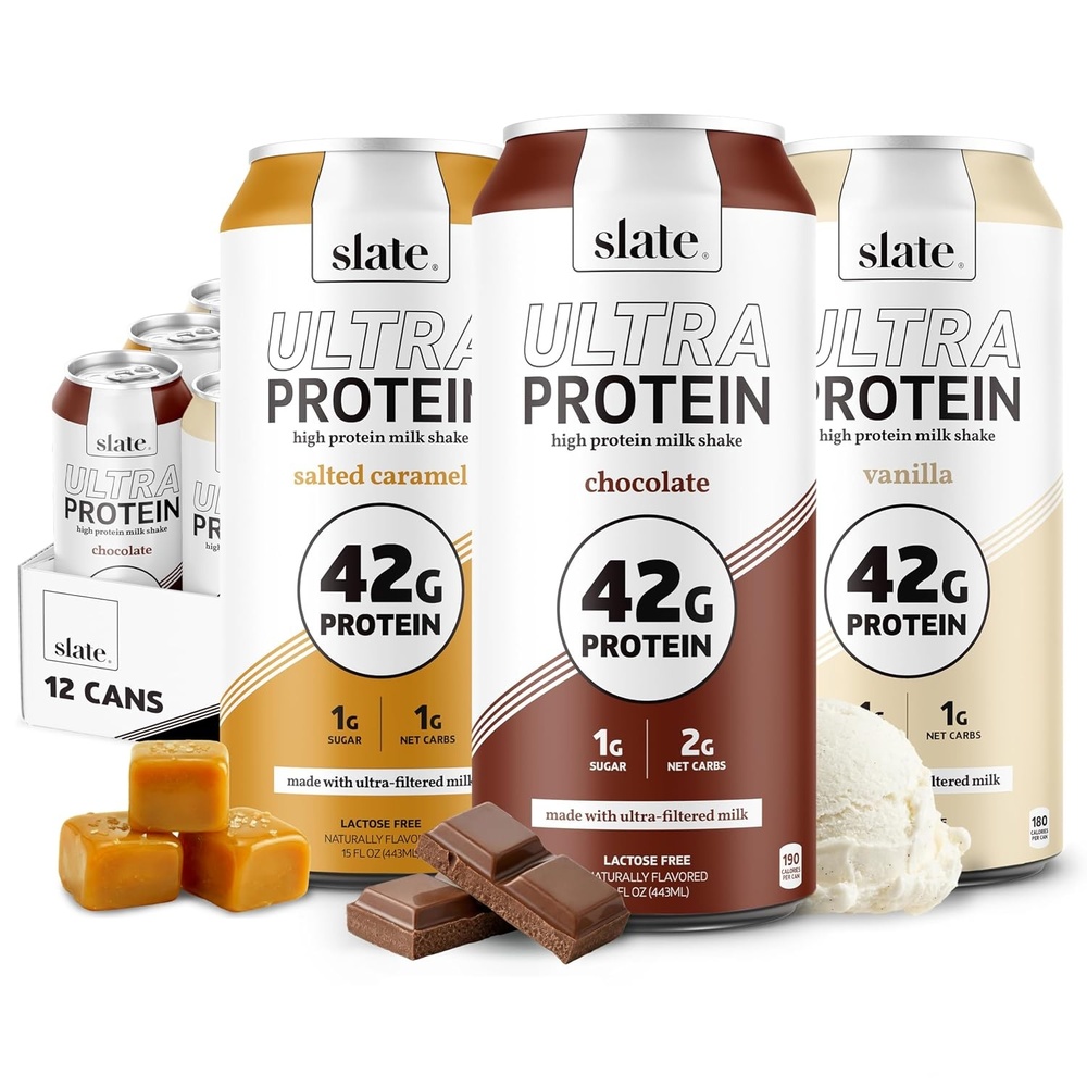 image:imageSlate Milk Ultra Protein Shake Chocolate 42g Protein 1g Sugar 190 Calories 2g Net Carbs Lactose Free No Added Sugar Made with Ultra Filtered Milk Breakfast Boost Post Workout 15 fl oz 12 CansSweet Salty Pack