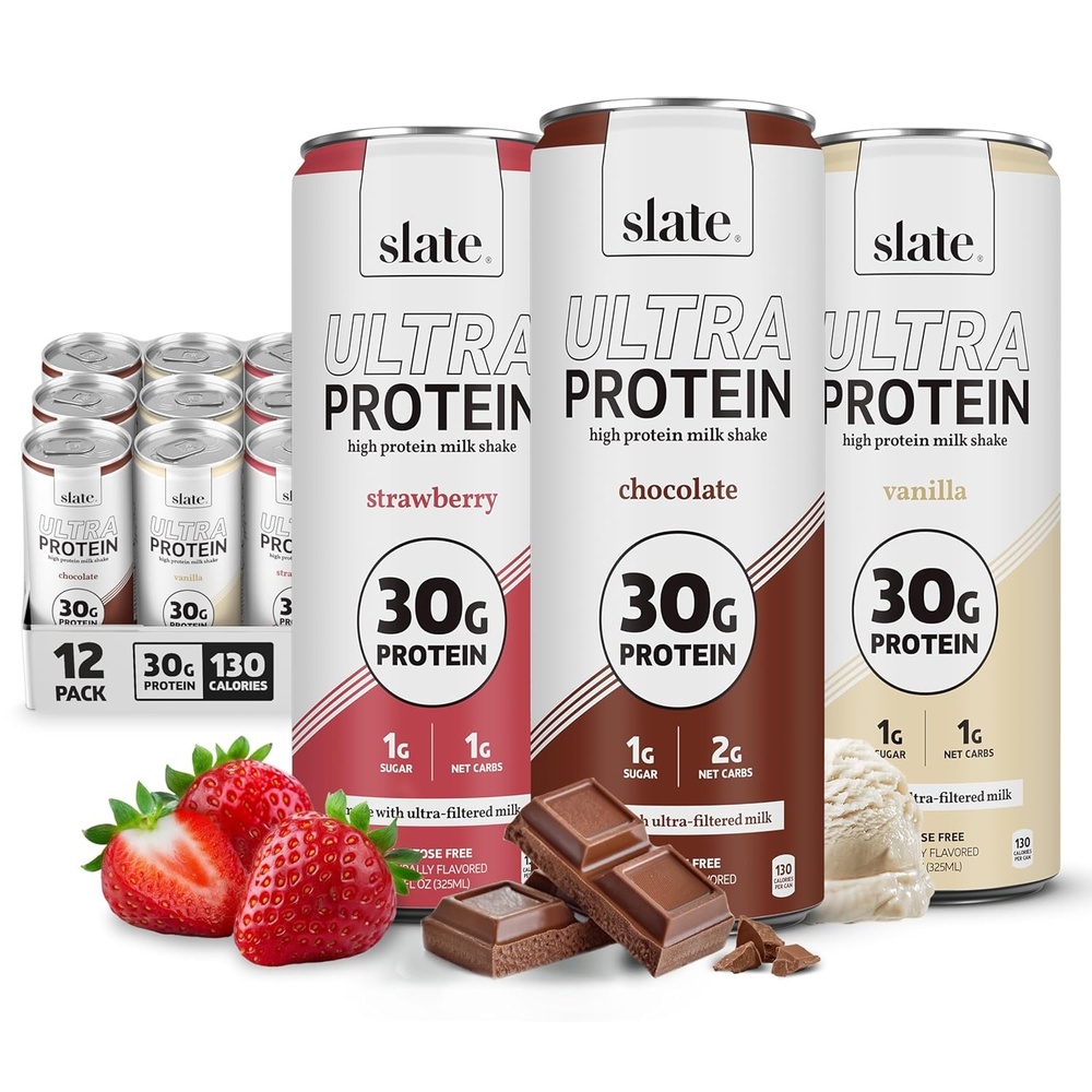 image:imageSlate Milk Ultra High Protein Milk Shake Neapolitan Pack Chocolate Vanilla amp Strawberry 30g Protein 1g Sugar 130 Calories 12g Net Carbs No Added Sugar Lactose Free 11 fl oz 12 CansNeapolitan Pack