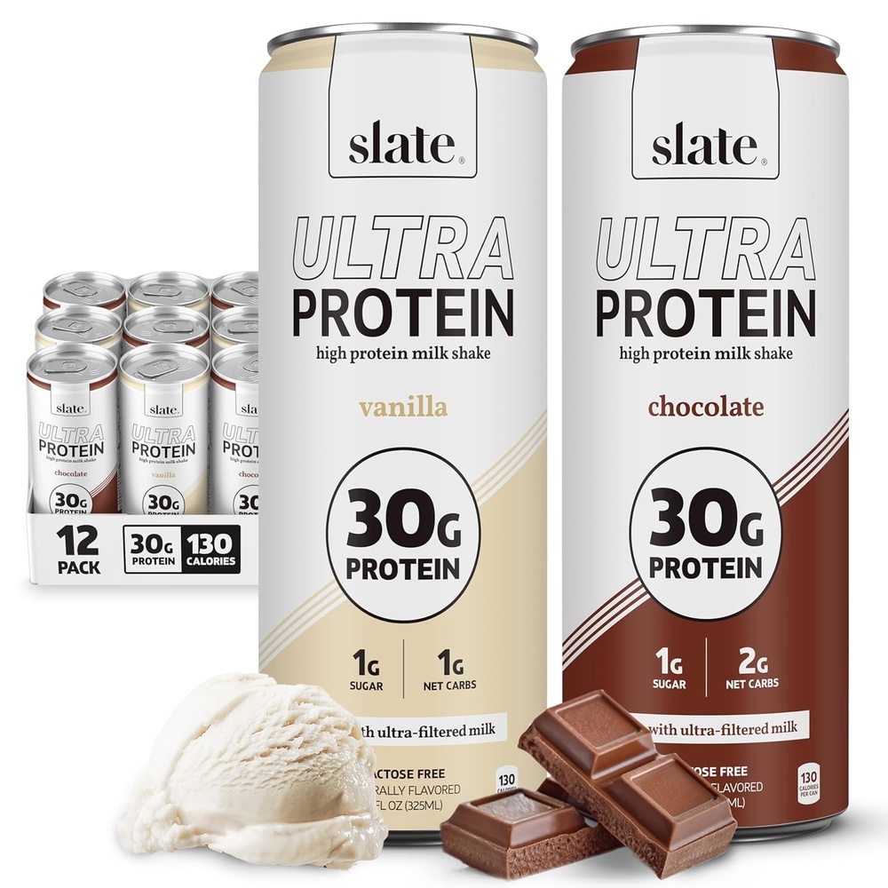 image:imageSlate Milk Ultra High Protein Milk Shake Neapolitan Pack Chocolate Vanilla amp Strawberry 30g Protein 1g Sugar 130 Calories 12g Net Carbs No Added Sugar Lactose Free 11 fl oz 12 CansBest Sellers Pack