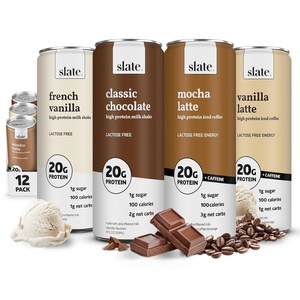 image:imageSlate Milk  High Protein Milk Shakes Neapolitan Variety Pack Classic Chocolate Classic Strawberry French Vanilla Lactose Free 20g Protein1g Sugar100 Calories12g Net Carbs 11 fl oz12 CansBest Sellers Pack