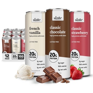 image:imageSlate Milk  High Protein Milk Shakes Neapolitan Variety Pack Classic Chocolate Classic Strawberry French Vanilla Lactose Free 20g Protein1g Sugar100 Calories12g Net Carbs 11 fl oz12 CansNeapolitan Pack