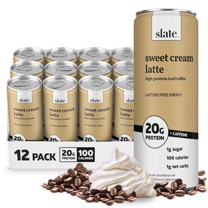 image:imageSlate Milk  High Protein Milk Shakes Neapolitan Variety Pack Classic Chocolate Classic Strawberry French Vanilla Lactose Free 20g Protein1g Sugar100 Calories12g Net Carbs 11 fl oz12 CansSweet Cream Latte