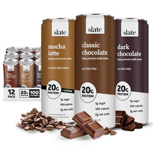 image:imageSlate Milk  High Protein Milk Shakes Neapolitan Variety Pack Classic Chocolate Classic Strawberry French Vanilla Lactose Free 20g Protein1g Sugar100 Calories12g Net Carbs 11 fl oz12 CansChocolate Variety Pack