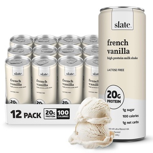 image:imageSlate Milk  High Protein Milk Shakes Neapolitan Variety Pack Classic Chocolate Classic Strawberry French Vanilla Lactose Free 20g Protein1g Sugar100 Calories12g Net Carbs 11 fl oz12 CansFrench Vanilla