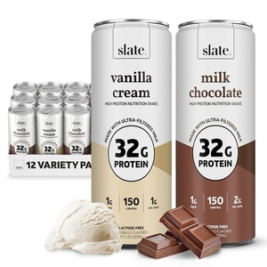 image:imageSlate Milk  High Protein Nutrition Shake  Variety Pack  Milk Chocolate Vanilla Cream  32g Protein 1g Sugar 150 Calories 2g Net Carbs  Lactose Free  No Added Sugar  11 fl oz 12 CansVariety Pack