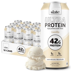 image:imageSlate Milk  Ultra Protein Shake  Chocolate  42g Protein 1g Sugar 190 Calories 2g Net Carbs  Lactose Free No Added Sugar  Made with Ultra Filtered Milk  Breakfast Boost Post Workout  15 fl oz 12 CansVanilla