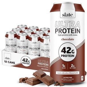 image:imageSlate Milk  Ultra Protein Shake  Chocolate  42g Protein 1g Sugar 190 Calories 2g Net Carbs  Lactose Free No Added Sugar  Made with Ultra Filtered Milk  Breakfast Boost Post Workout  15 fl oz 12 CansChocolate