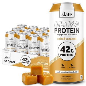 image:imageSlate Milk  Ultra Protein Shake  Chocolate  42g Protein 1g Sugar 190 Calories 2g Net Carbs  Lactose Free No Added Sugar  Made with Ultra Filtered Milk  Breakfast Boost Post Workout  15 fl oz 12 CansSalted Caramel